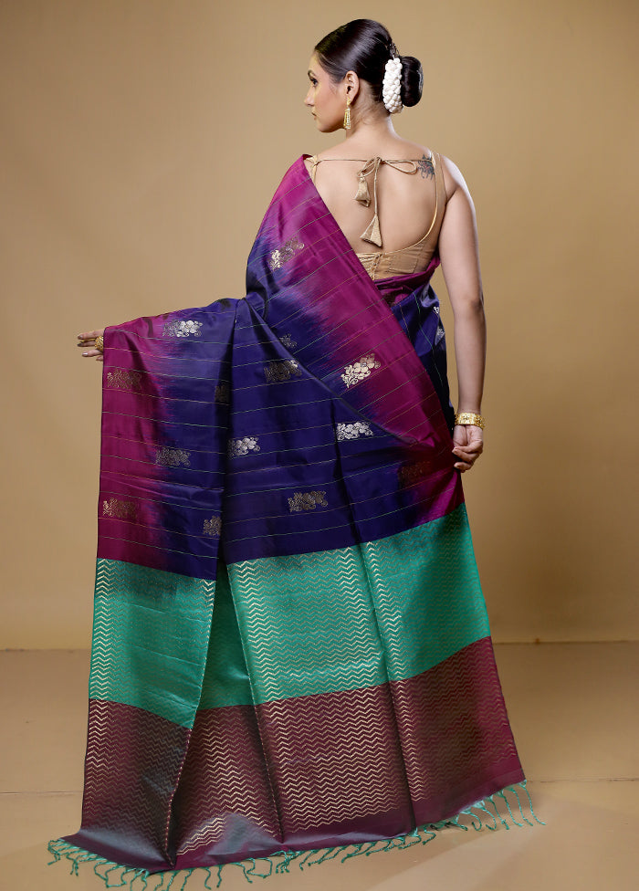 Blue Handloom Kanchipuram Pure Silk Saree With Blouse Piece