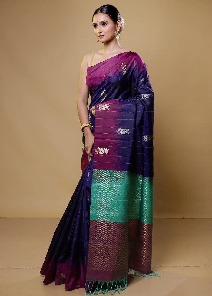 Blue Handloom Kanchipuram Pure Silk Saree With Blouse Piece