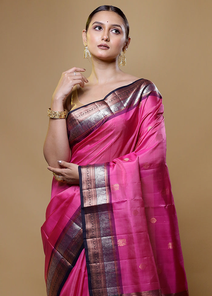 Pink Handloom Kanchipuram Pure Silk Saree With Blouse Piece