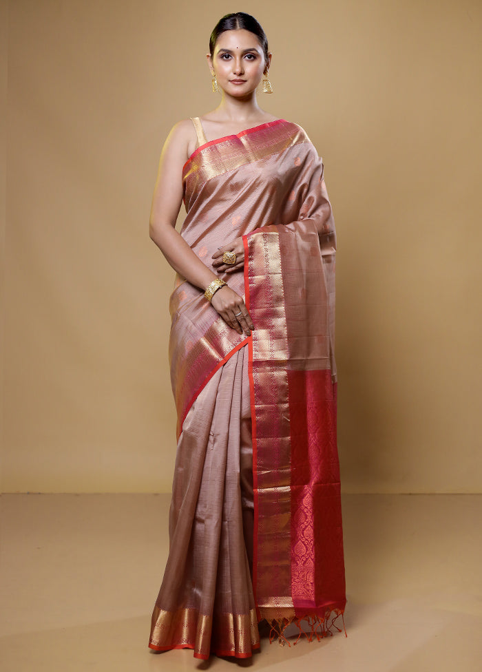 Cream Handloom Kanchipuram Pure Silk Saree With Blouse Piece