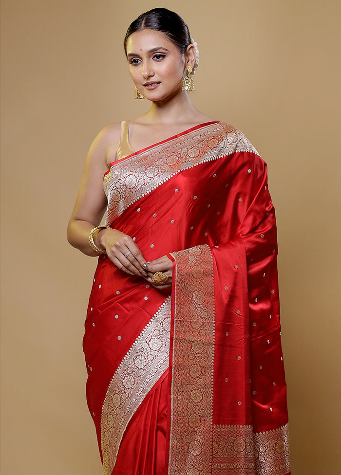 Red Handloom Banarasi Pure Silk Saree With Blouse Piece