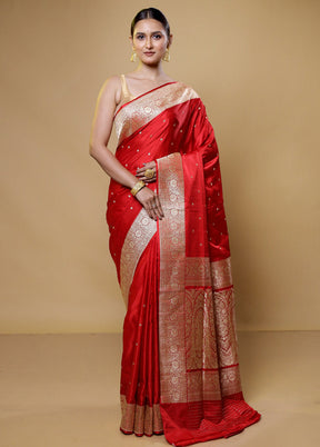 Red Handloom Banarasi Pure Silk Saree With Blouse Piece