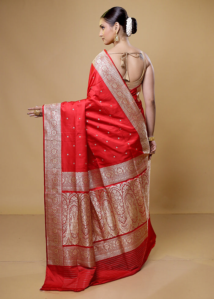 Red Handloom Banarasi Pure Silk Saree With Blouse Piece