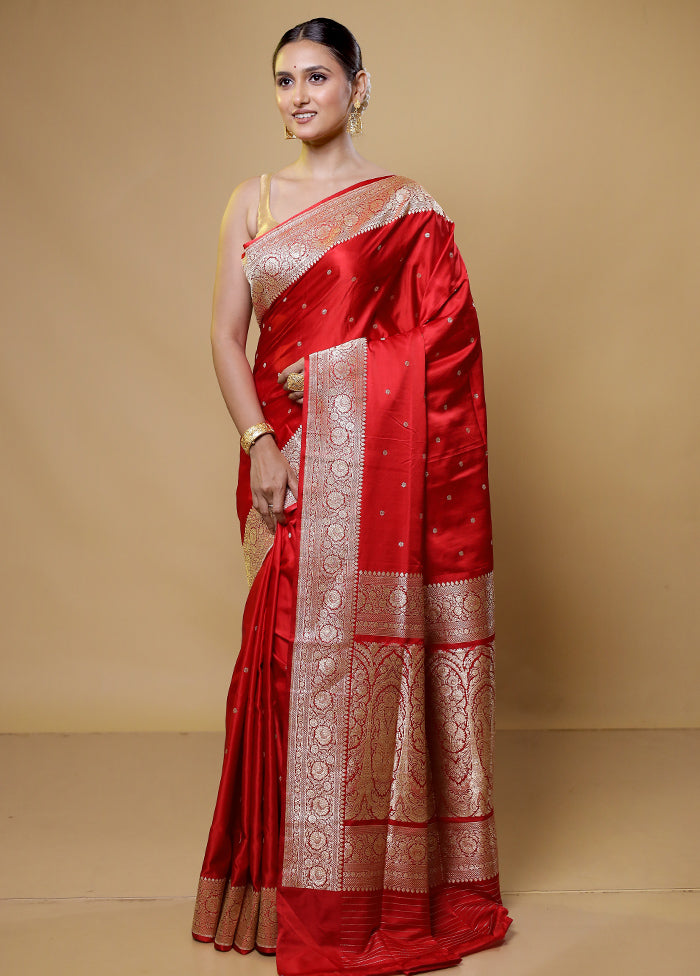 Red Handloom Banarasi Pure Silk Saree With Blouse Piece