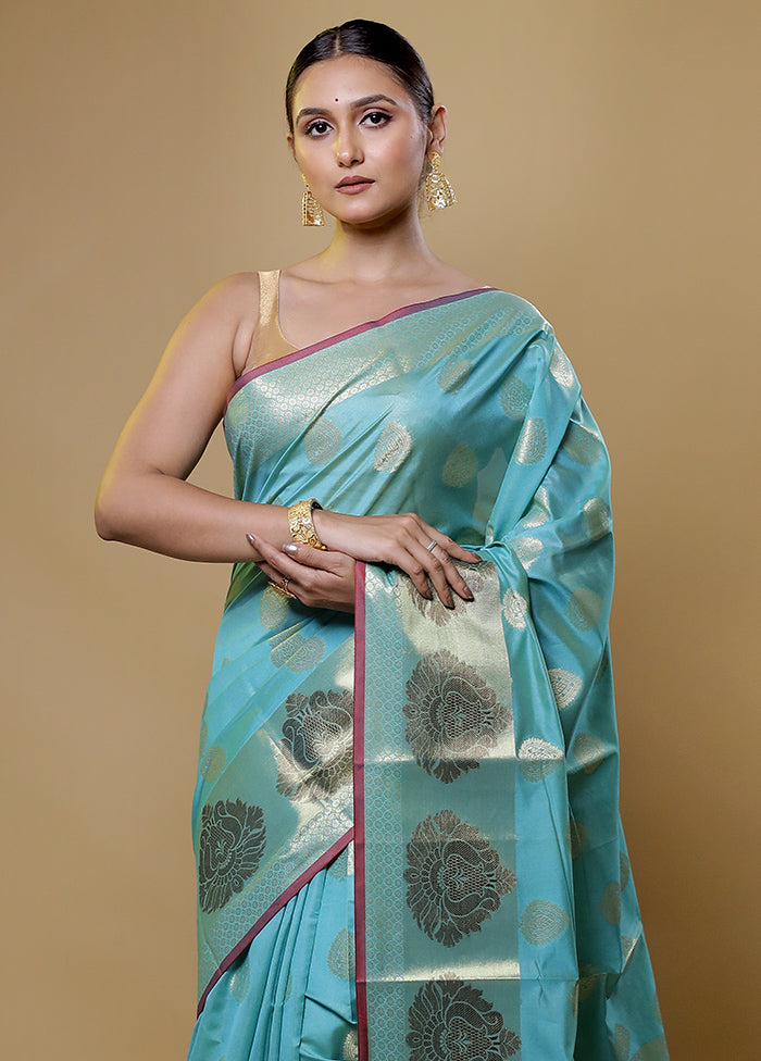 Blue Kora Silk Saree With Blouse Piece