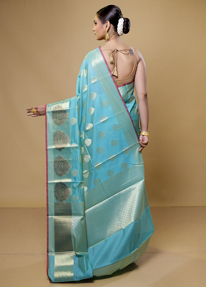 Blue Kora Silk Saree With Blouse Piece