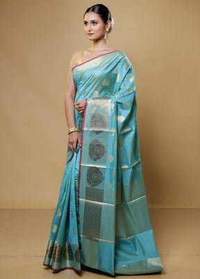 Blue Kora Silk Saree With Blouse Piece