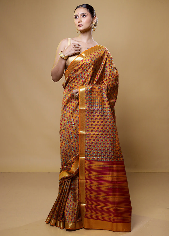 Yellow Handloom Printed Pure Silk Saree Without Blouse Piece