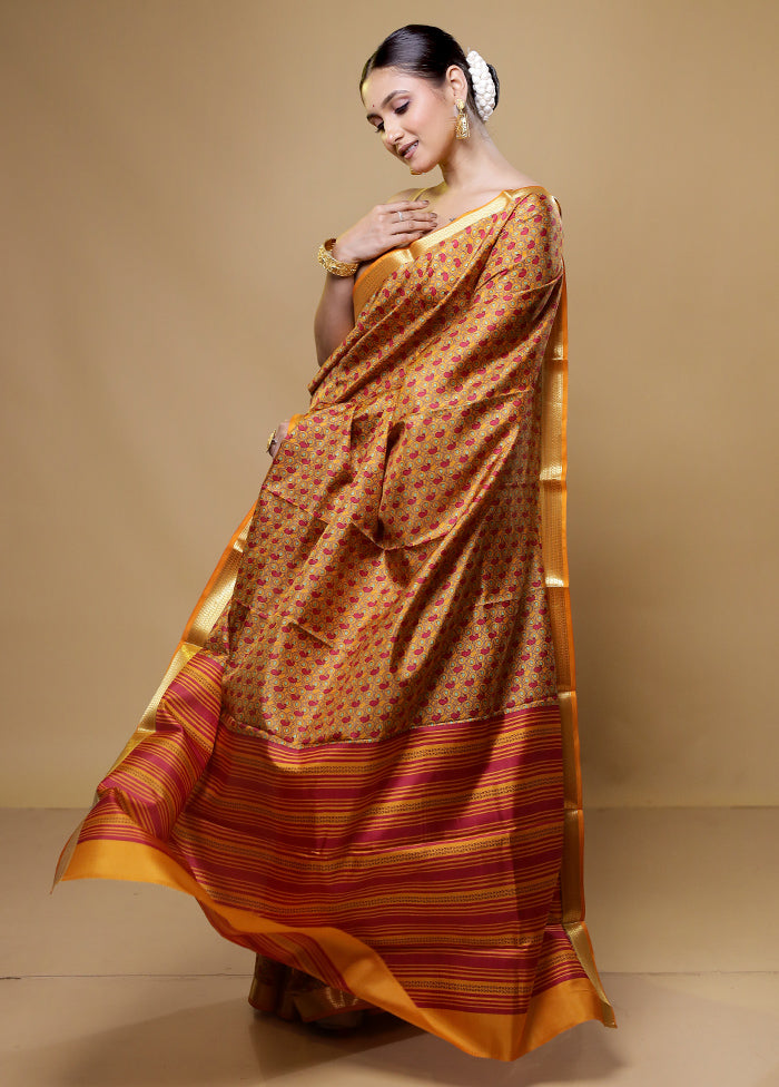 Yellow Handloom Printed Pure Silk Saree Without Blouse Piece