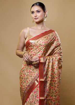 Cream Handloom Printed Pure Silk Saree Without Blouse Piece