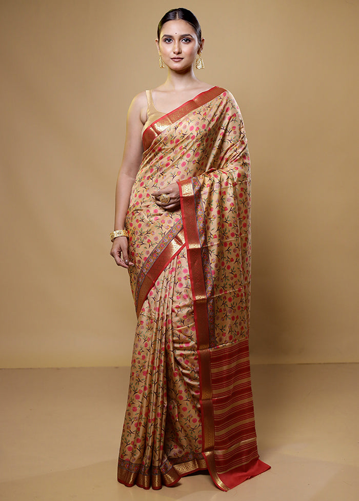 Cream Handloom Printed Pure Silk Saree Without Blouse Piece