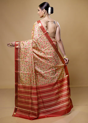 Cream Handloom Printed Pure Silk Saree Without Blouse Piece