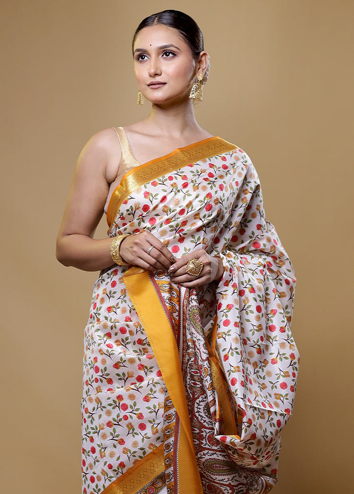 White Handloom Printed Pure Silk Saree Without Blouse Piece