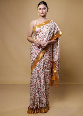 White Handloom Printed Pure Silk Saree Without Blouse Piece