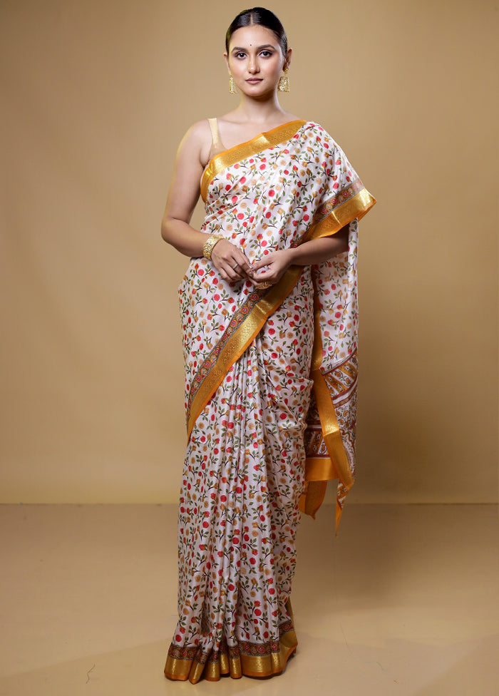 White Handloom Printed Pure Silk Saree Without Blouse Piece