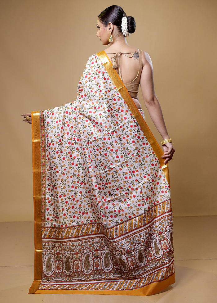 White Handloom Printed Pure Silk Saree Without Blouse Piece