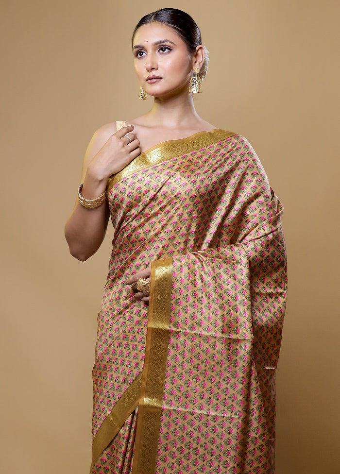 Cream Handloom Printed Pure Silk Saree Without Blouse Piece