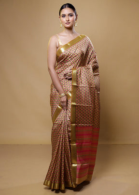 Cream Handloom Printed Pure Silk Saree Without Blouse Piece