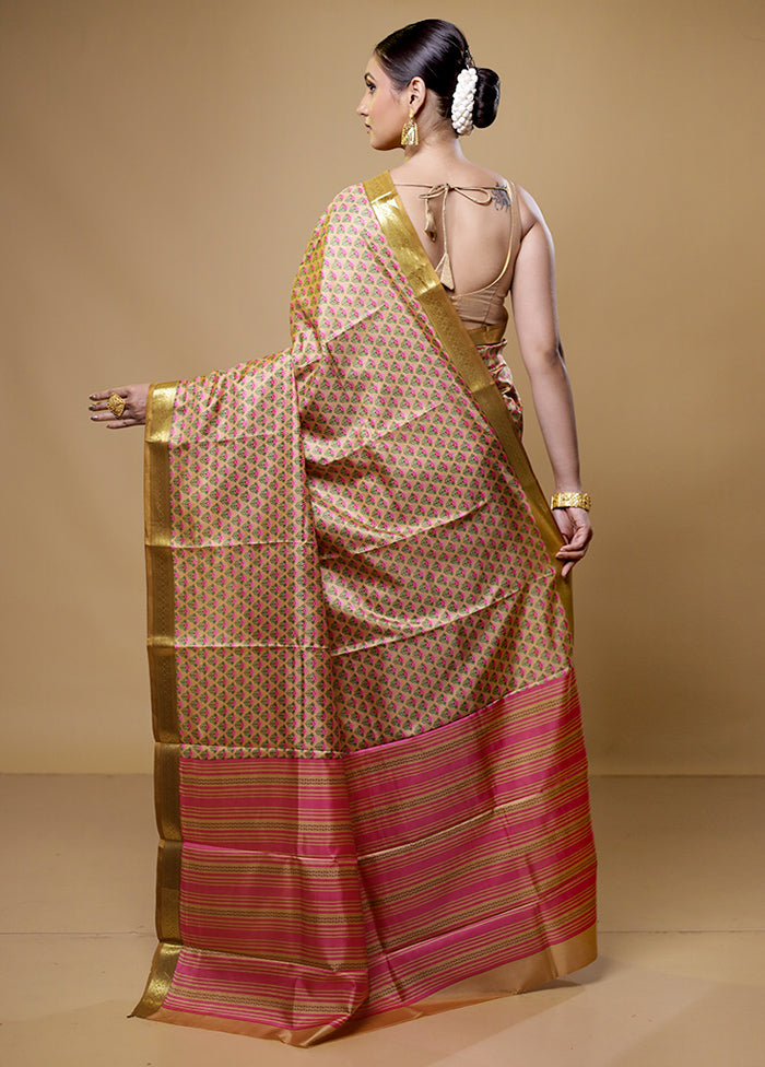 Cream Handloom Printed Pure Silk Saree Without Blouse Piece