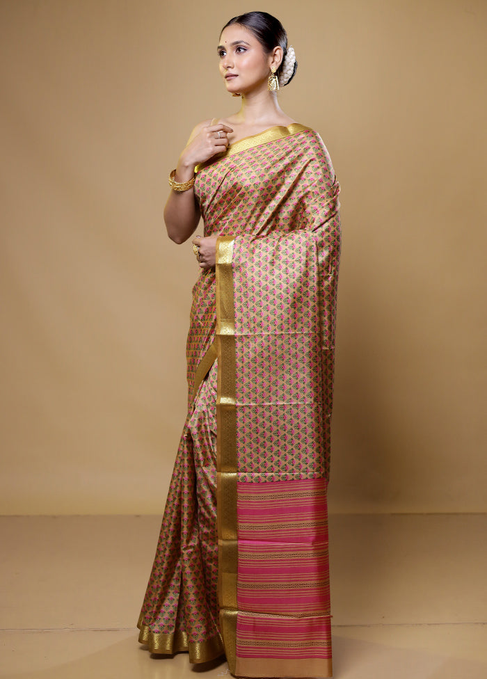 Cream Handloom Printed Pure Silk Saree Without Blouse Piece