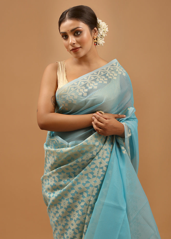 Blue Kota Cotton Saree With Blouse Piece