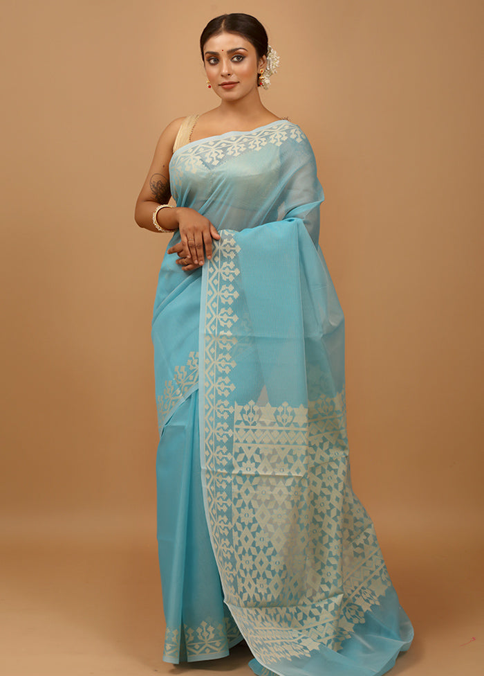 Blue Kota Cotton Saree With Blouse Piece