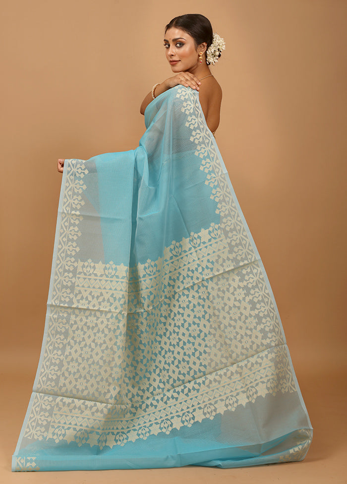 Blue Kota Cotton Saree With Blouse Piece