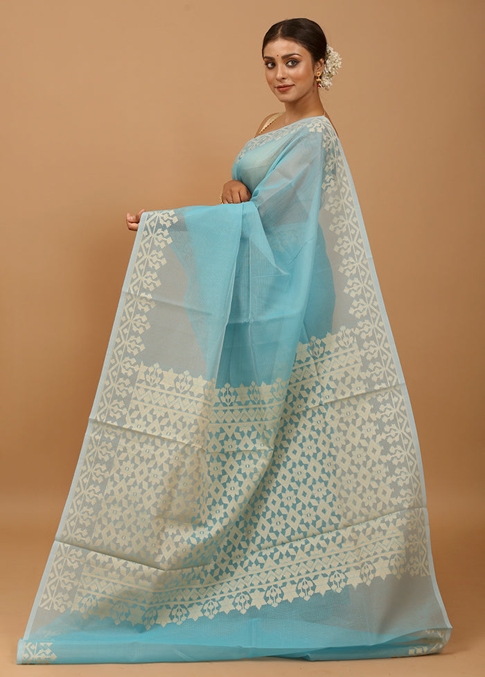 Blue Kota Cotton Saree With Blouse Piece