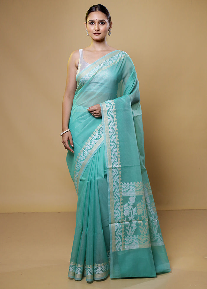 Green Kota Cotton Saree With Blouse Piece