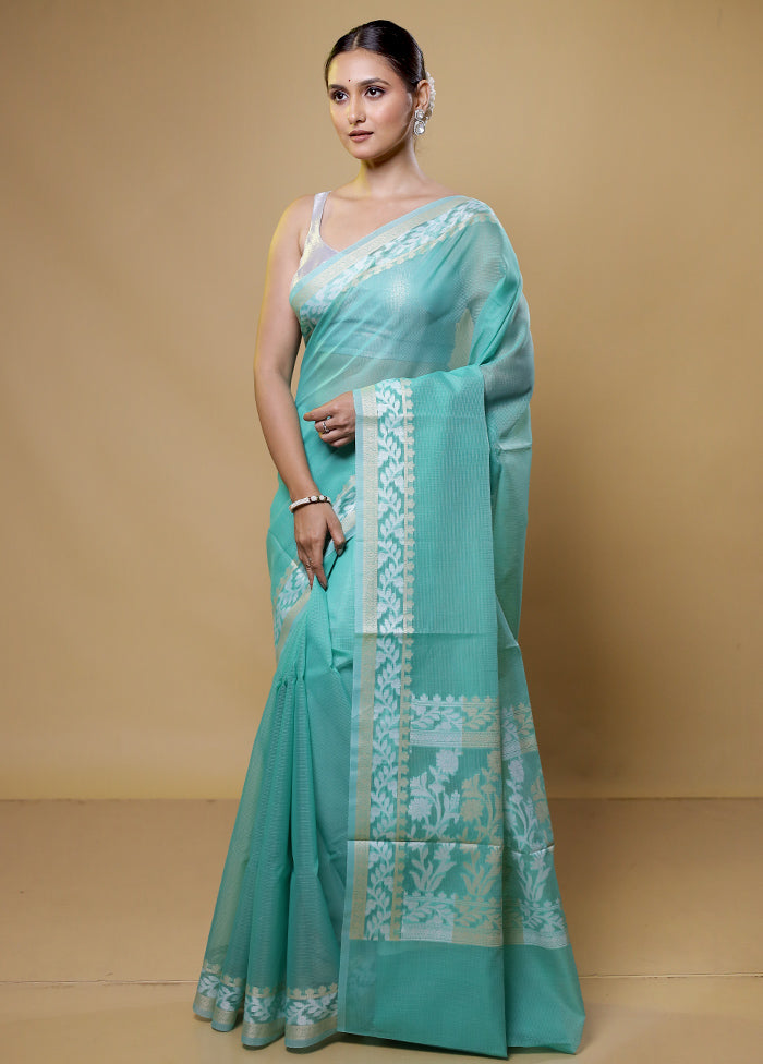 Green Kota Cotton Saree With Blouse Piece