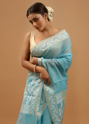 Blue Kota Cotton Saree With Blouse Piece