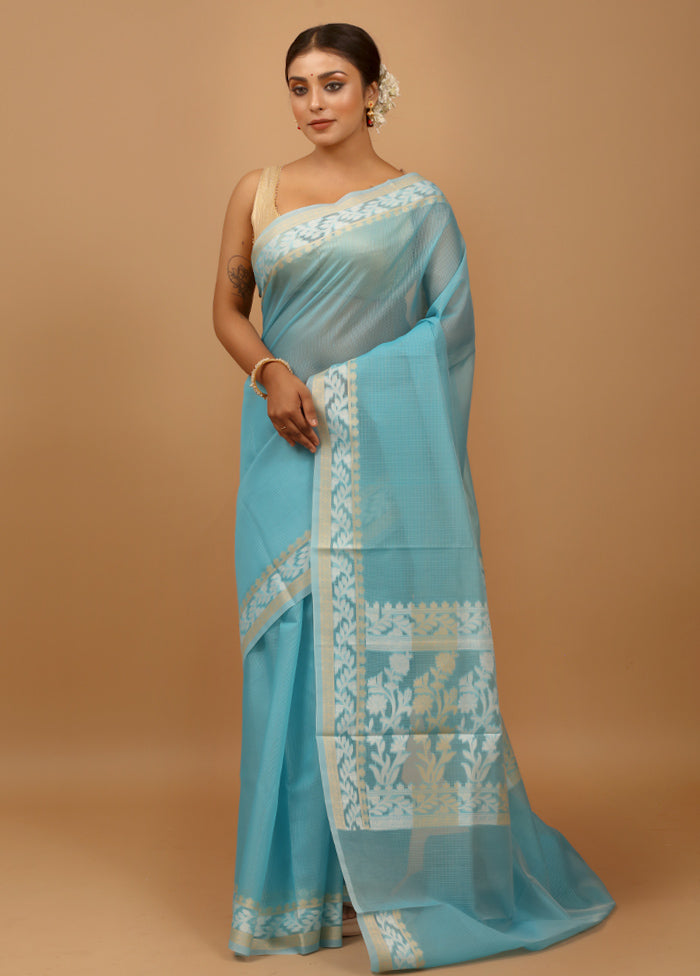 Blue Kota Cotton Saree With Blouse Piece