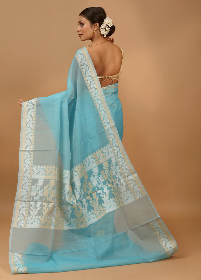 Blue Kota Cotton Saree With Blouse Piece