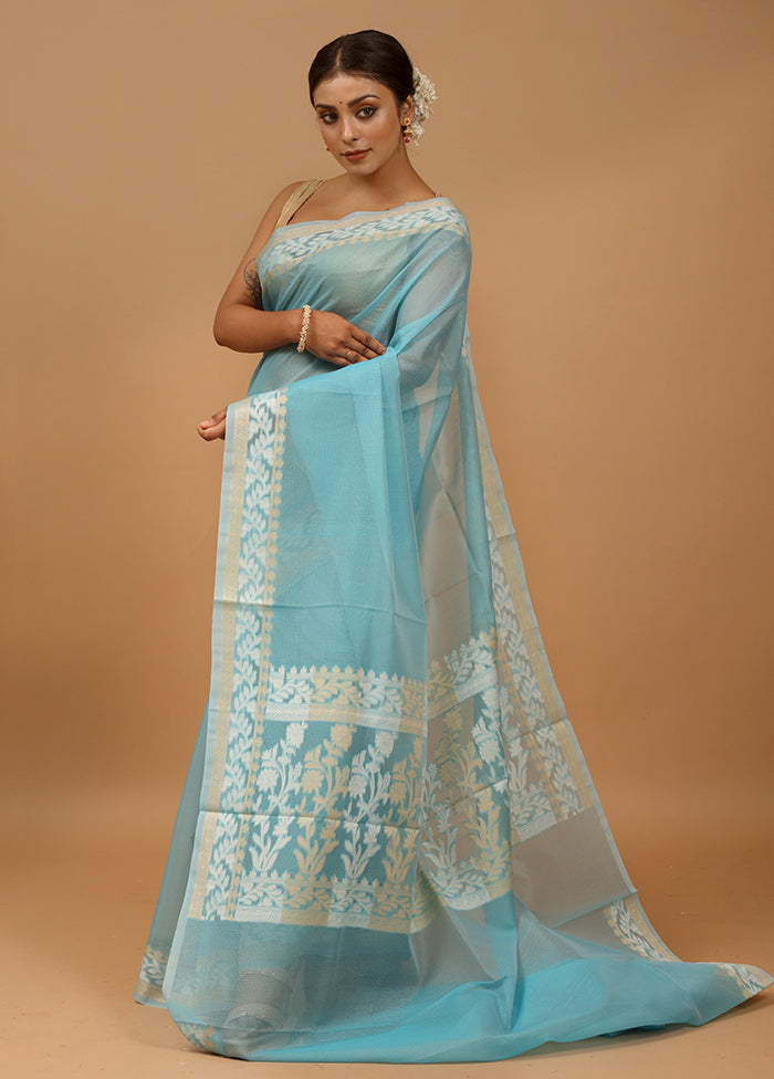 Blue Kota Cotton Saree With Blouse Piece