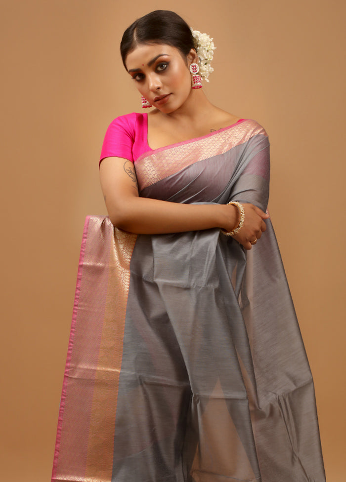 Grey Cotton Saree With Blouse Piece