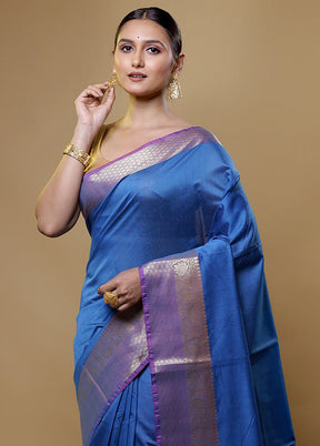 Blue Cotton Saree With Blouse Piece