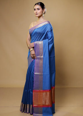 Blue Cotton Saree With Blouse Piece