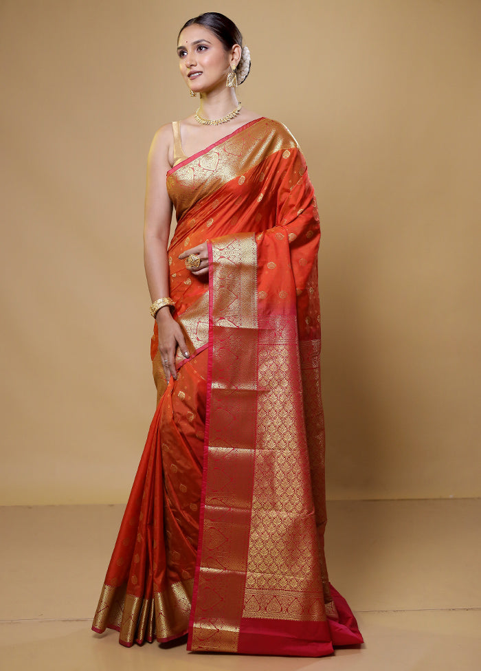 Rust Kanjivaram Silk Saree With Blouse Piece