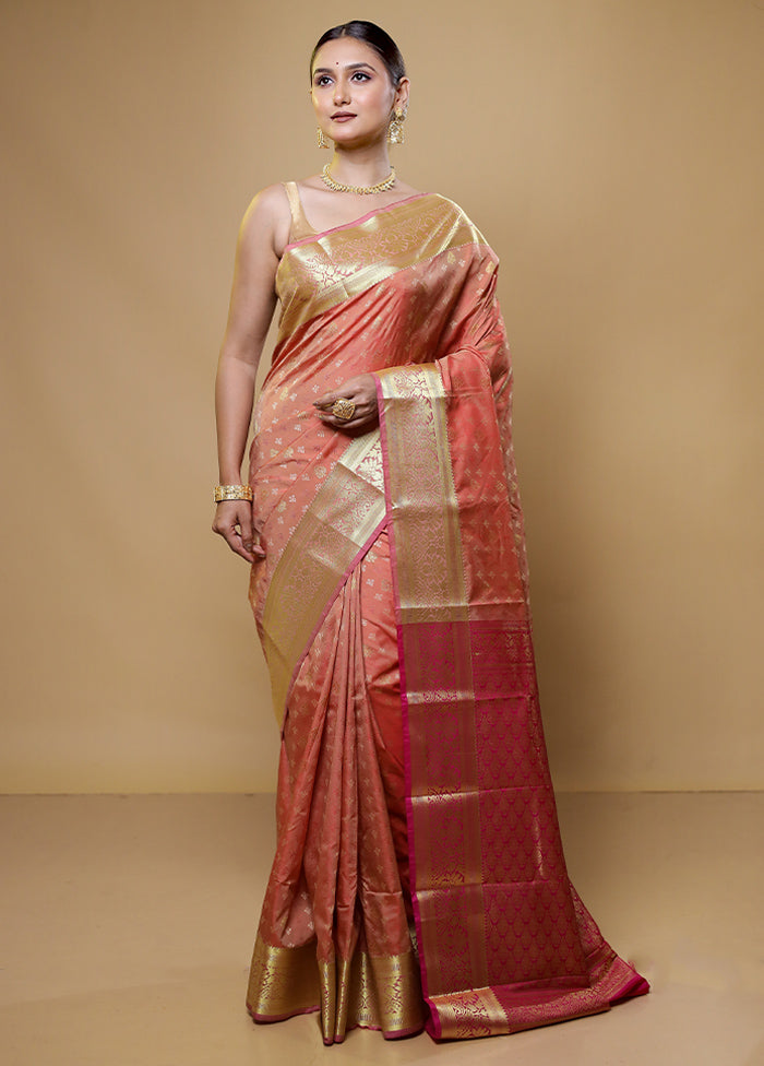 Peach Kanjivaram Silk Saree With Blouse Piece