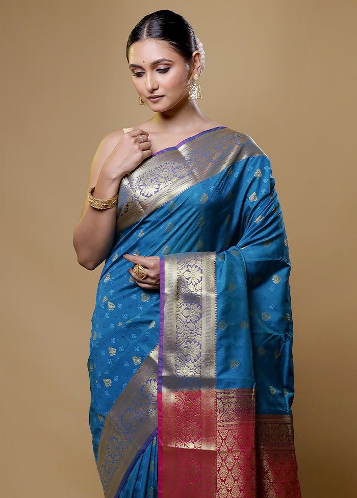 Blue Kanjivaram Silk Saree With Blouse Piece