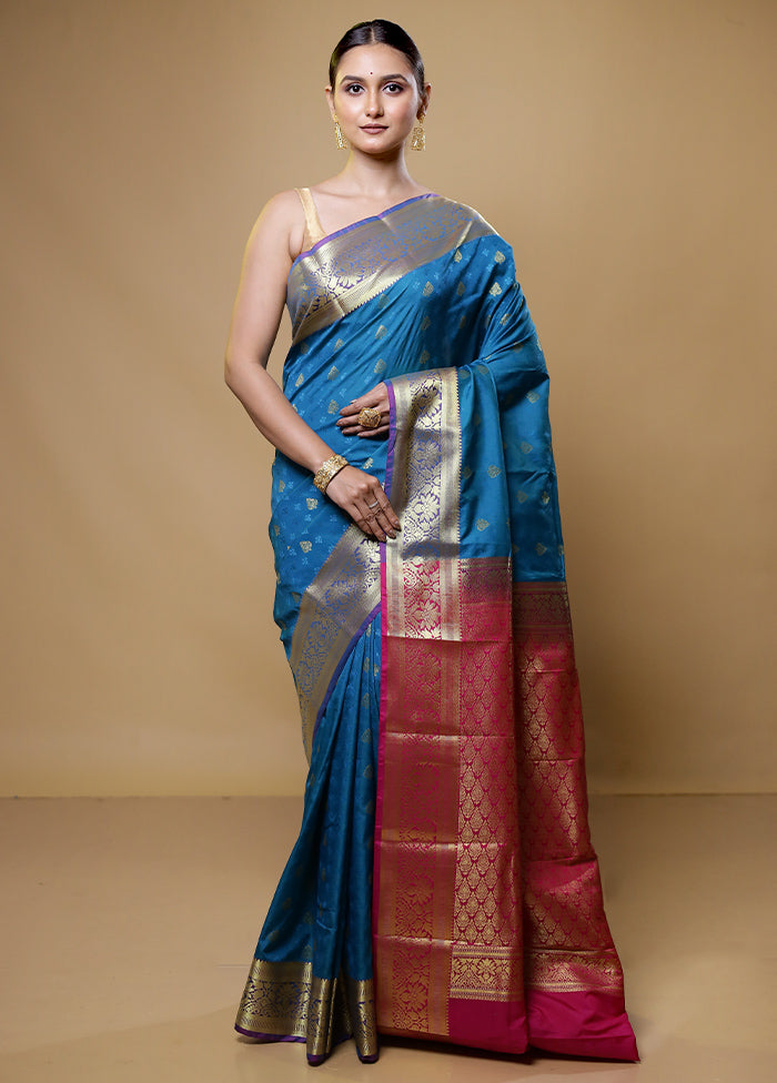 Blue Kanjivaram Silk Saree With Blouse Piece