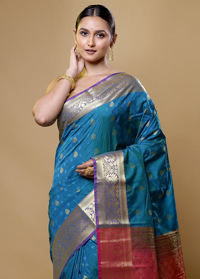 Blue Kanjivaram Silk Saree With Blouse Piece