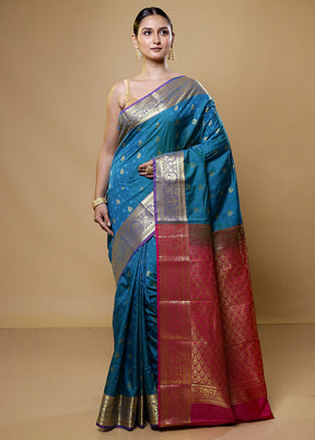 Blue Kanjivaram Silk Saree With Blouse Piece