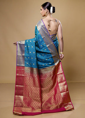 Blue Kanjivaram Silk Saree With Blouse Piece