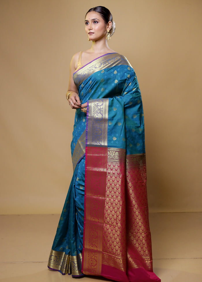 Blue Kanjivaram Silk Saree With Blouse Piece