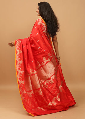 Red Handloom Katan Pure Silk Saree With Blouse Piece