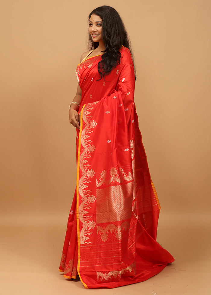 Red Handloom Katan Pure Silk Saree With Blouse Piece