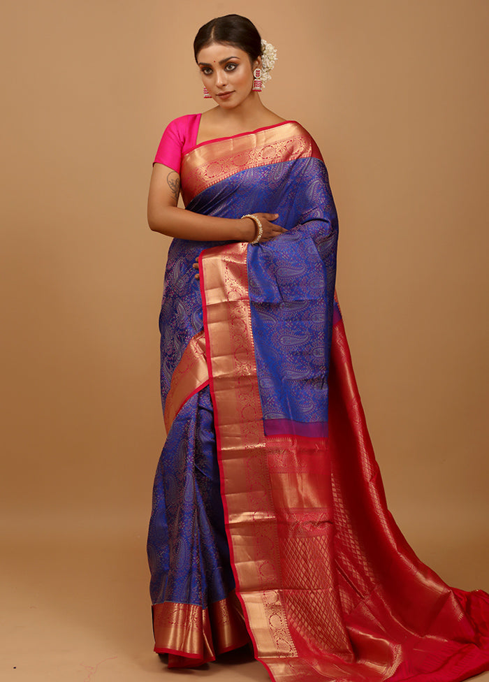 Blue Handloom Kanchipuram Pure Silk Saree With Blouse Piece