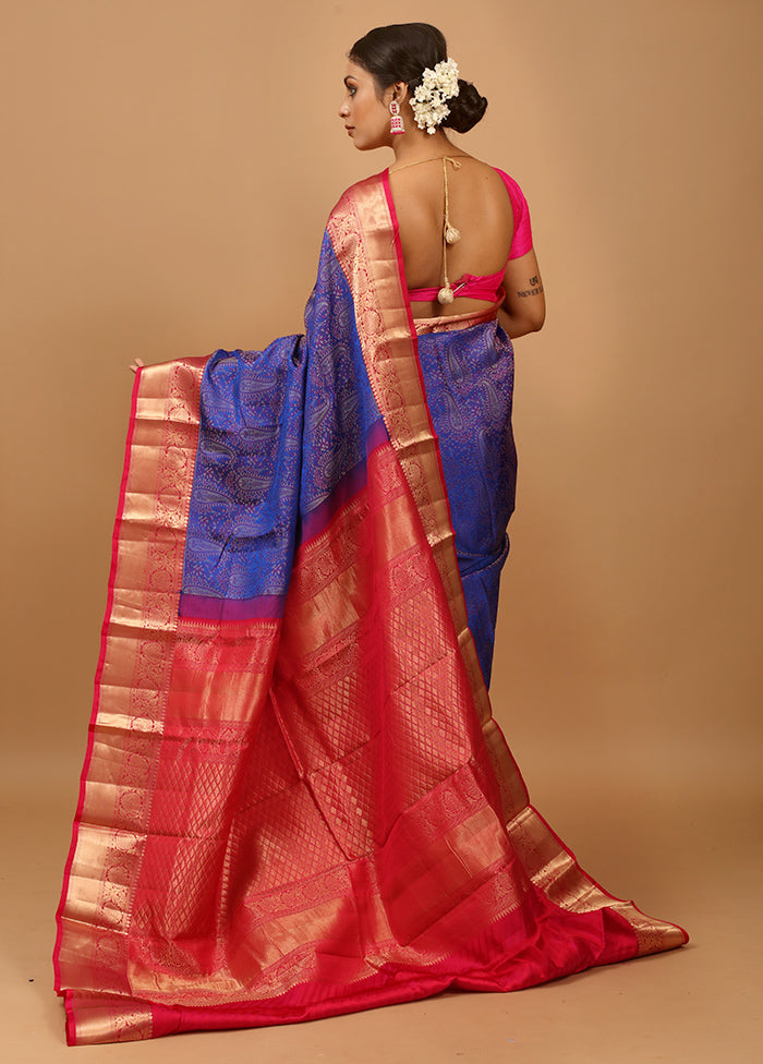 Blue Handloom Kanchipuram Pure Silk Saree With Blouse Piece