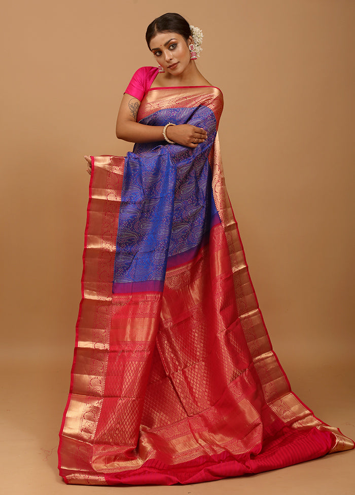 Blue Handloom Kanchipuram Pure Silk Saree With Blouse Piece